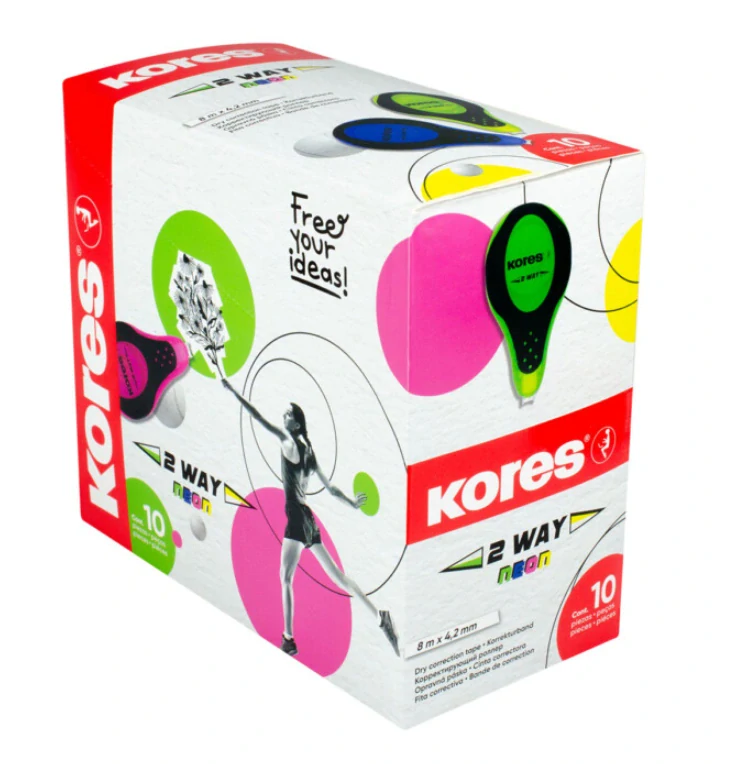 KORES Korekční páska 4,2mm x 8m 2WAY Neon mix barev na blistru