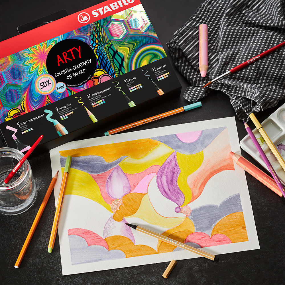STABILO Kreativní sada STABILO ARTY - Linery, Fixy, Zvýrazňovače, Akvarel. pastelky, 50 ks
