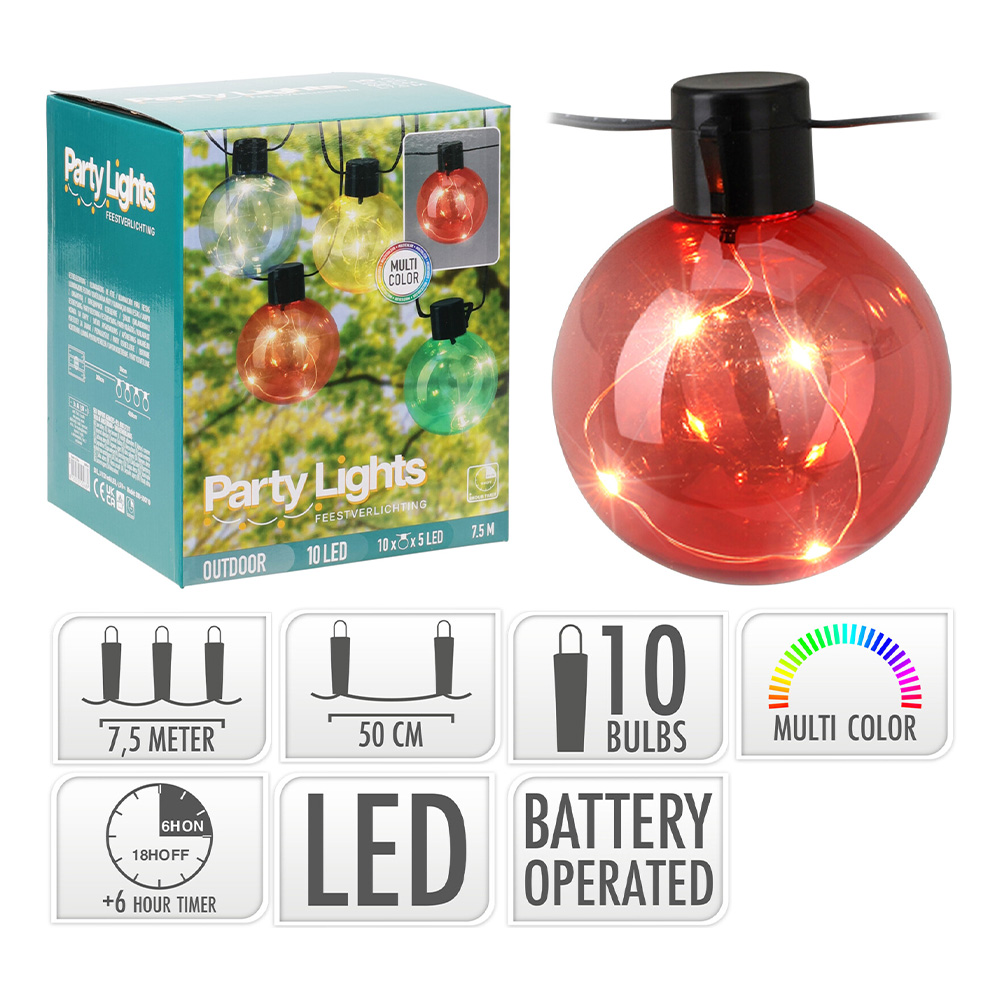 KOOPMAN Párty osvětlení - řetěz 10 LED žárovek, barevné, délka 7,5 m