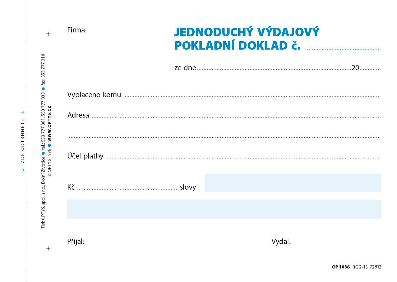 Optys Výdajový doklad A6, jednoduchý, 100 listů