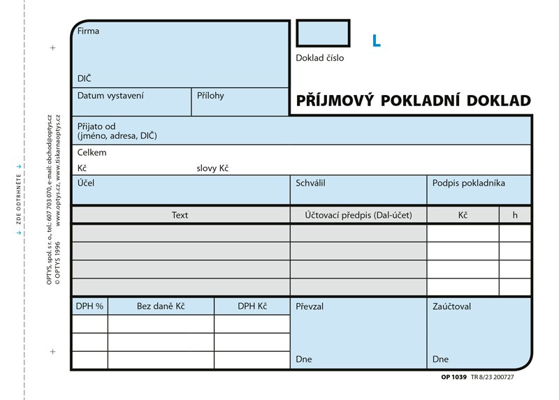Optys Příjmový doklad A6, číslovaný, 2 x 50 listů