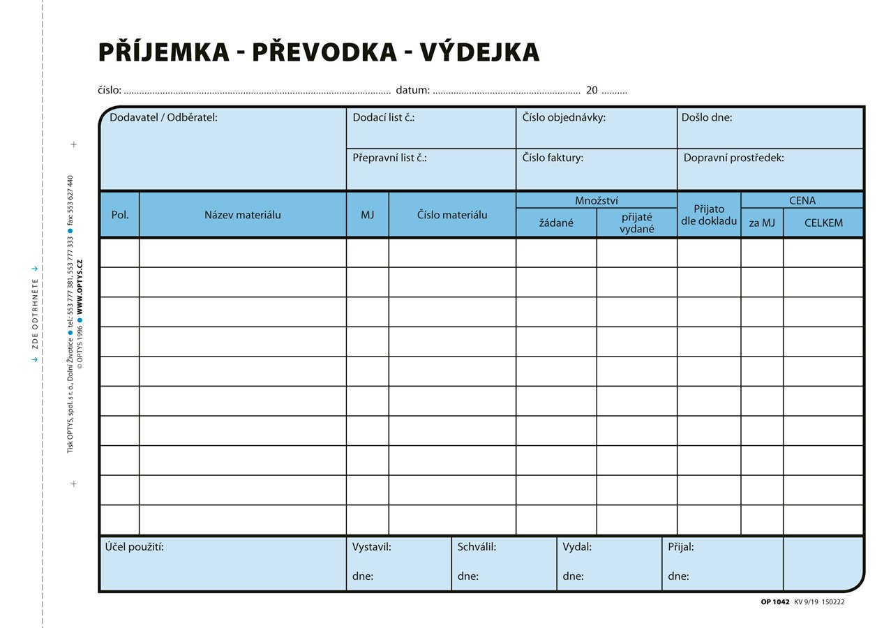 Optys Příjemka, převodka, výdejka A5, 100 listů
