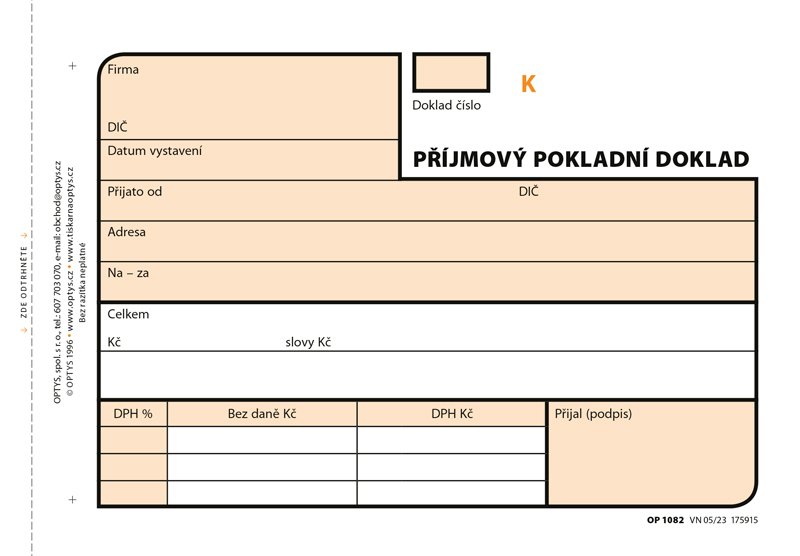 Optys Příjmový doklad A6, samopropisovací, číslovaný, 3 x 25 listů