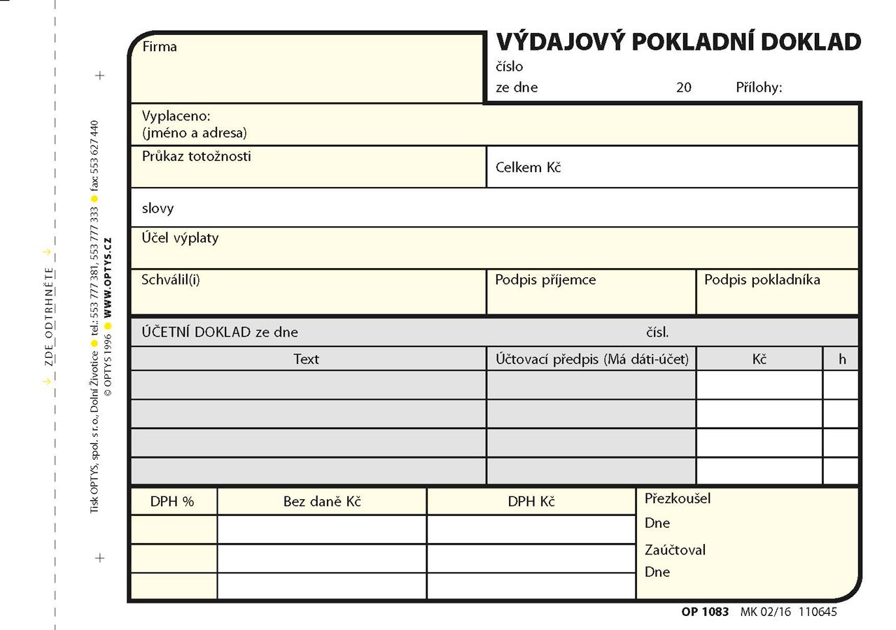 Optys Výdajový doklad A6, samopropisovací, 100 listů