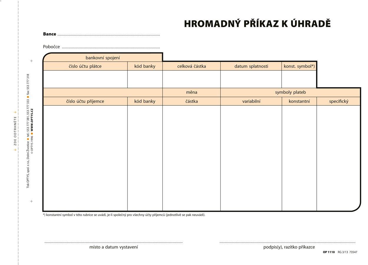 Optys Hromadný příkaz k úhradě A5, samopropisovací, 100 listů