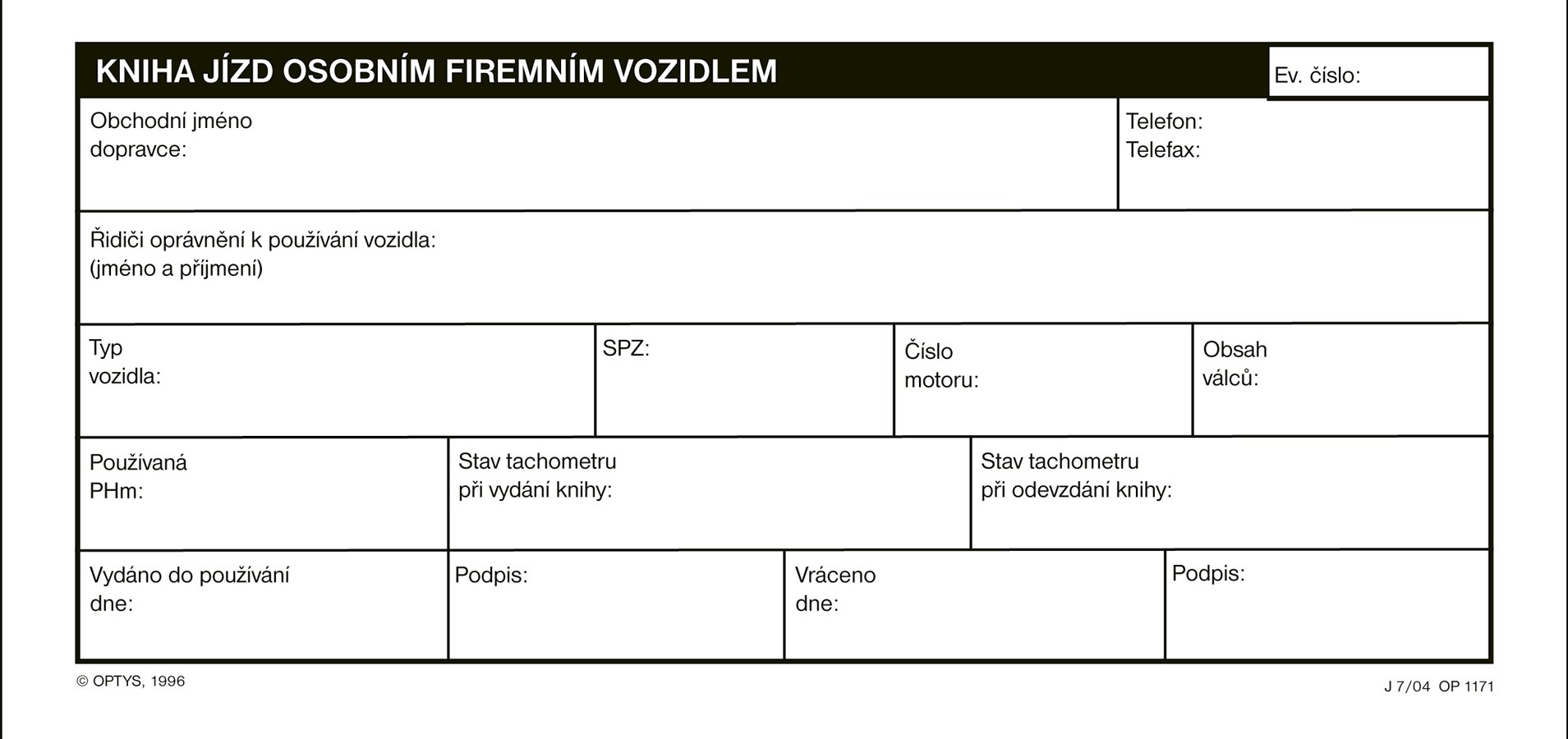 Optys Kniha jízd firemního vozidla, 21 x 10 cm