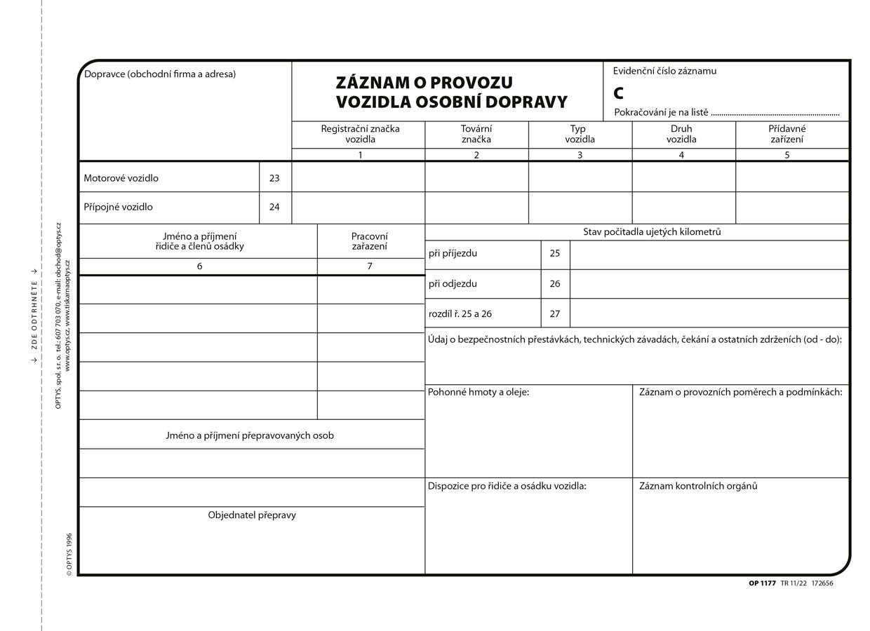Optys Záznam o provozu vozidla osobní dopravy A5, číslovaný, 100 listů