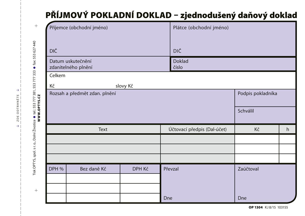 Optys Příjmový doklad A6, zjedn. d. d., samopropisovací, 100 listů