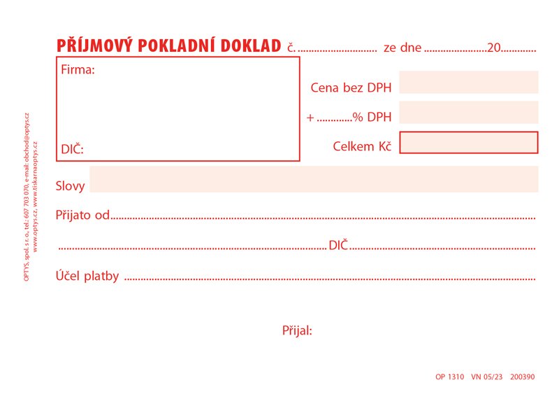 Optys Příjmový doklad A6, jednoduchý, 50 listů