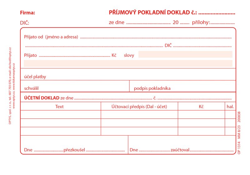 Optys Příjmový doklad A6, samopropisovací, 50 listů