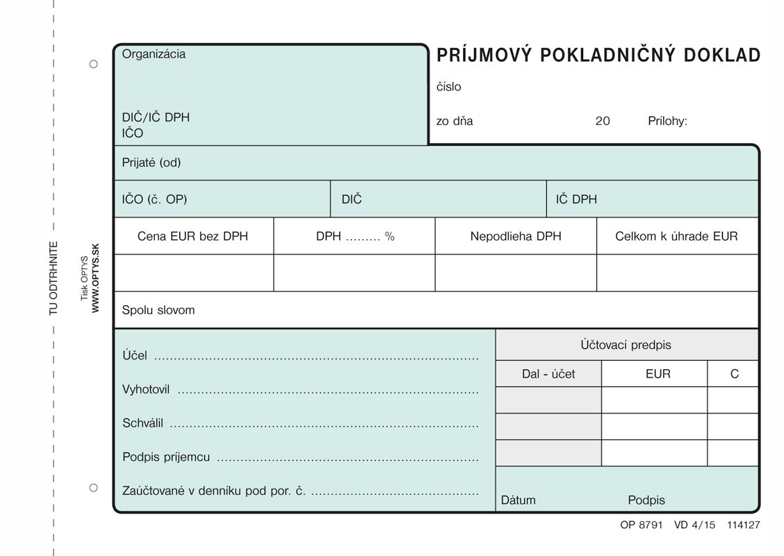 Optys Príjmový pokladničný doklad A6, samoprepis, 100 listov, Slovensko