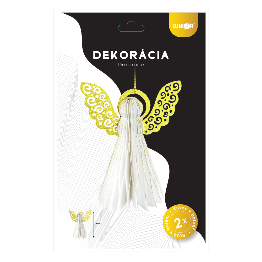 JUNIOR Dekorace Anděl (2 ks), papírová + PET, závěsná, 10 cm, barva bílá/zlatá