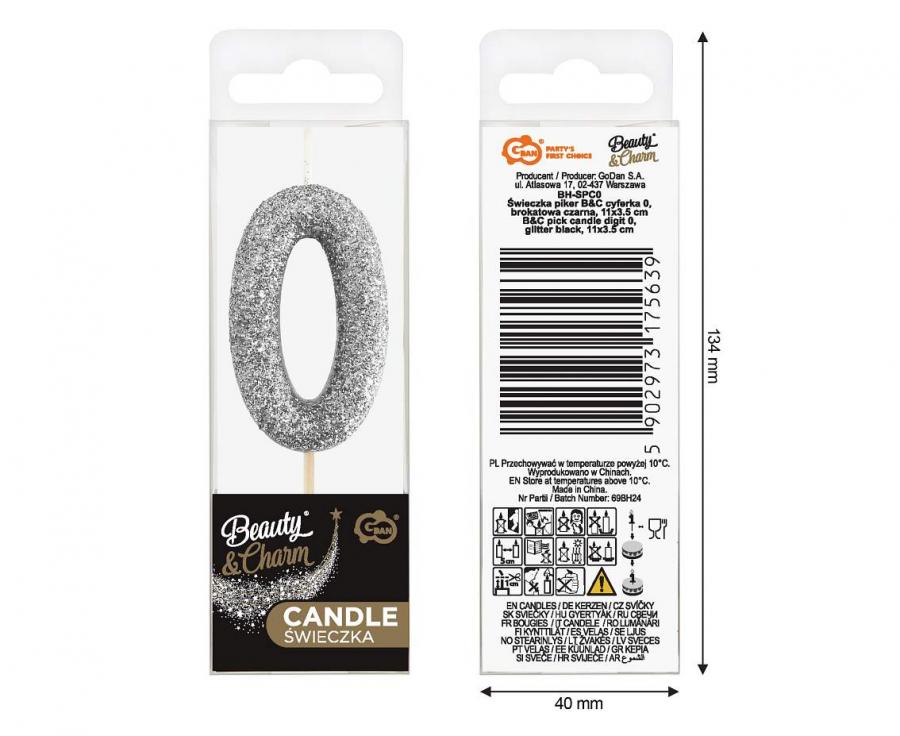 GoDan S.A. Dortová svíčka B&C - číslo "0" glitter černá 11 cm