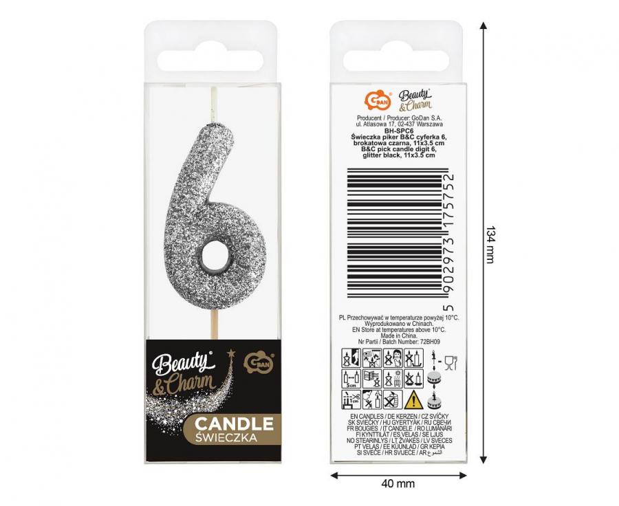 GoDan S.A. Dortová svíčka B&C - číslo "6" glitter černá 11 cm
