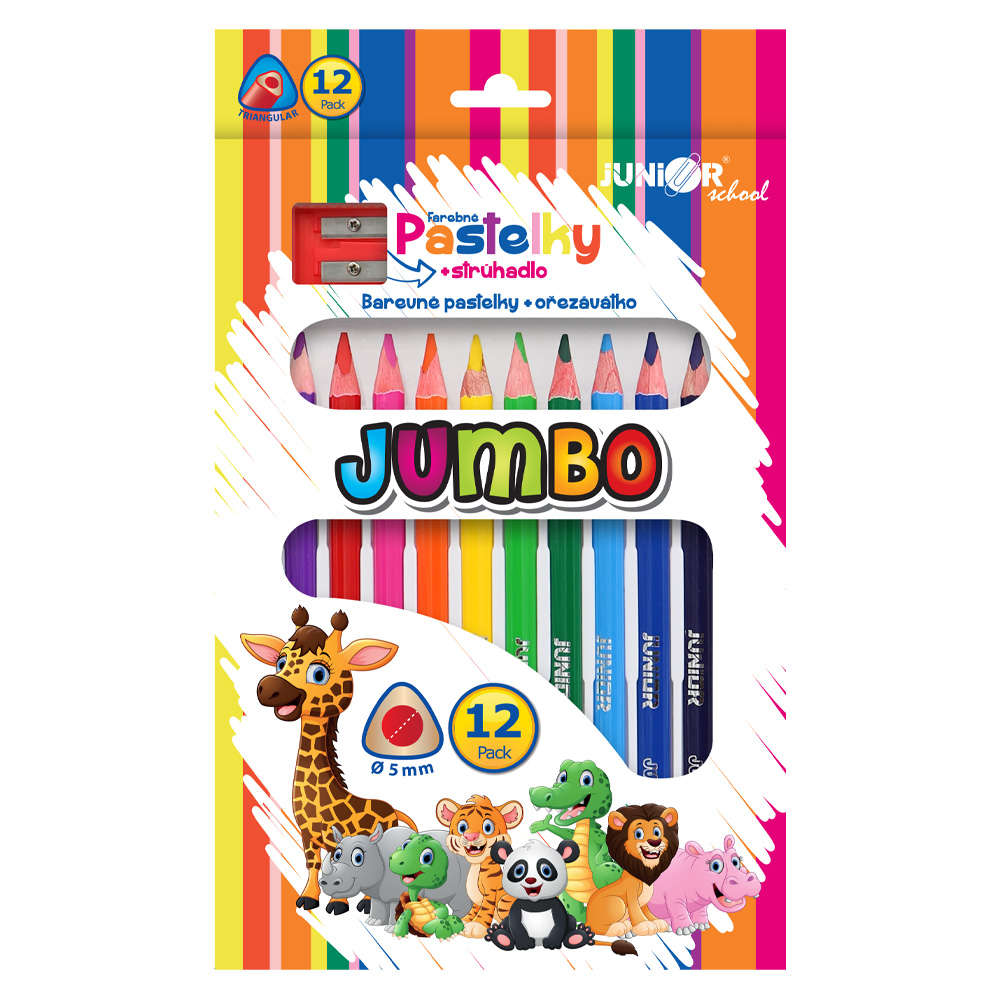 JUNIOR Pastelky trojhranné JUNIOR JUMBO ZOO - sada 12 ks + ořezávátko zdarma