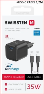 SWISSTEN ADAPTER mini adaptér GaN 230V 35W POWER DELIVERY 1xUSB-C + USB-C kabel