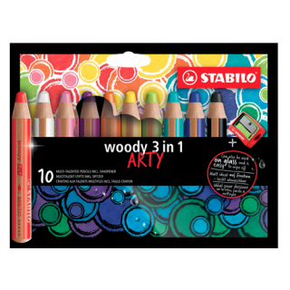 STABILO Pastelky STABILO woody 3 v 1 ARTY - barvička, vodovka, voskovka - 10 ks + ořezávátko