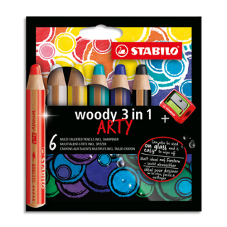 STABILO Pastelky STABILO woody 3 v 1 ARTY- barvička, vodovka, voskovka - 6 ks + ořezávátko