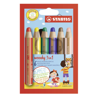 STABILO Pastelky STABILO woody 3 v 1 - barvička, vodovka, voskovka - 6 ks různých barev
