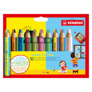 STABILO Multifunkční barvička STABILO woody 3v1 duo - dvoubarevná tuha - 10 ks sada se struhadlem