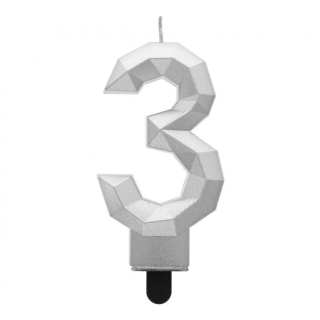 GoDan S.A. Svíčka dortová - číslice "3" Diamant 7,6 cm, stříbrná metalická