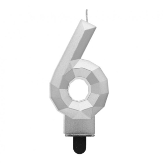 GoDan S.A. Svíčka dortová - číslice "6" Diamant 7,6 cm, stříbrná metalická