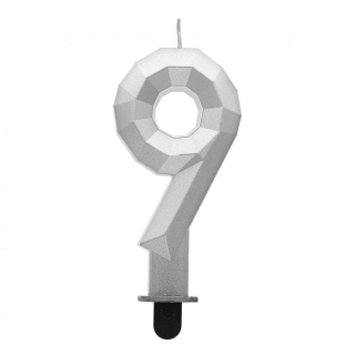 GoDan S.A. Svíčka dortová - číslice "9" Diamant 7,6 cm, stříbrná metalická