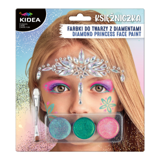 KIDEA Barvy na obličej PRINCEZNÁ - 3 barvy + štětec a diamanty (sada)