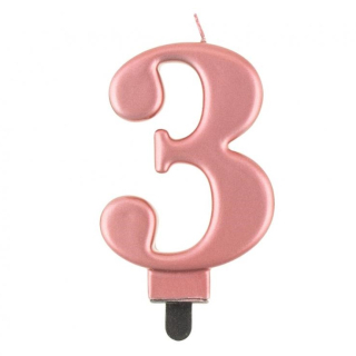 GoDan S.A. Svíčka dortová - číslice "3" B&C 8 cm, růžovo-zlatá metalická